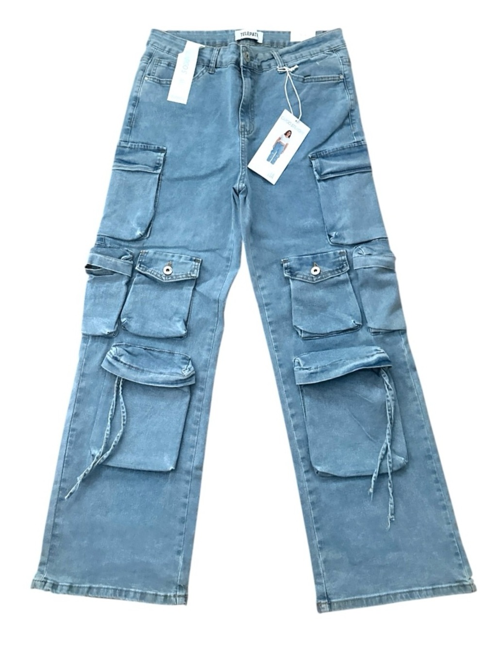 NWT Telepatia Multi-Pocket Denim Cargo Straight Jeans Women’s 16W Light Wash